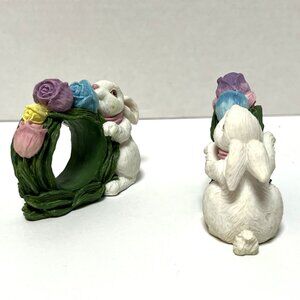 2 Resin White Rabbit & Flowers Napkin Rings